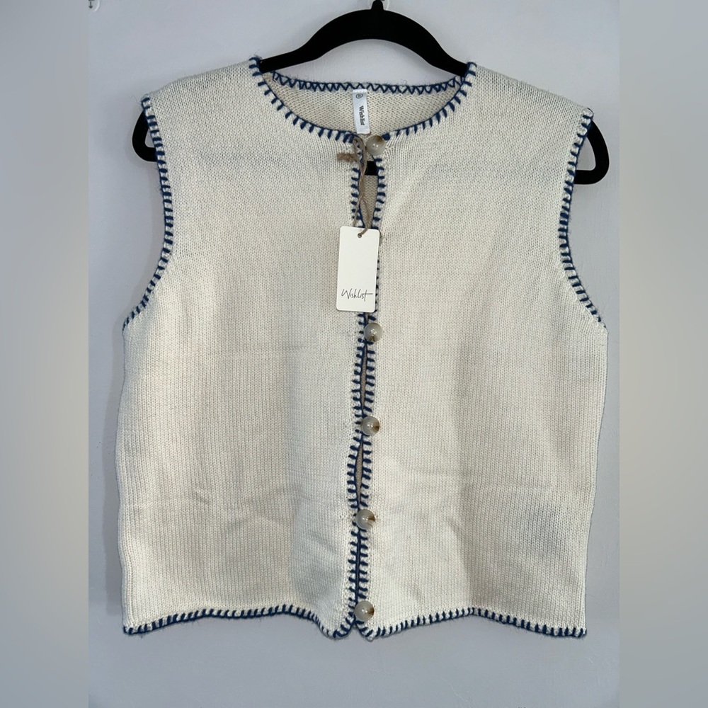 Wishlist Cream and Blue Trim Sweater Vest Sleeveless Top